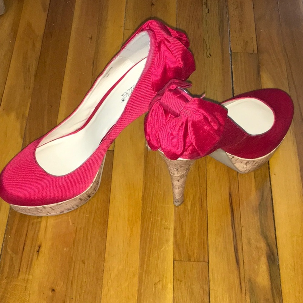 Red Satin Red Cork Platform Shoe with a cute Bow